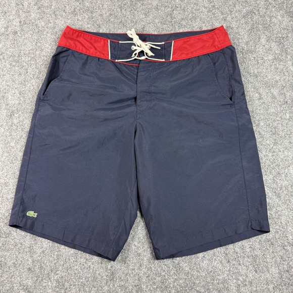 Lacoste Mens Swim Trunks Board Shorts Size 5 Navy Blue Red Swimwear - Picture 1 of 10